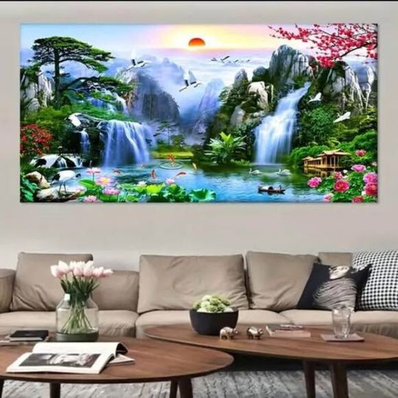 Vibrant Asian Waterfall Wrapped Canvas Wall Art | Feng Shui Wall Decor - Picture 1 of 6